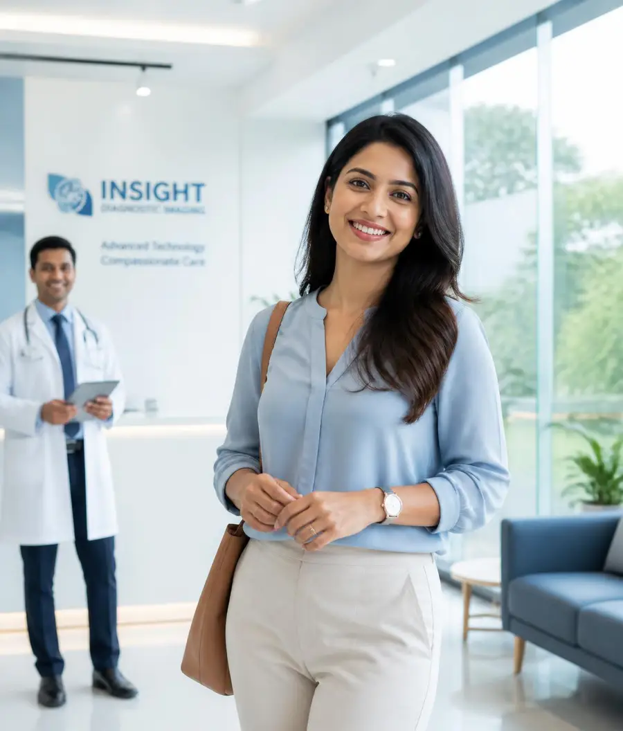 Smiling woman at a modern NURA health screening centre in India